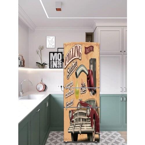 Vintage Car Gas Station Door Sticker For Fridge Refrigerator Kitchen Restaurant Decoration Wallpaper Peel & Stick Freezer Decal
