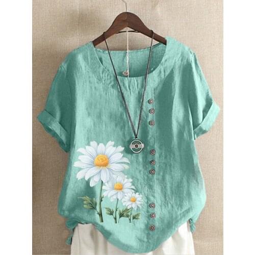 Womens Summer Round Neck Short Sleeve T-shirt Casual Cotton Linen Graphic Shirt Leisure Fashion Loose Daisy Prined Blouse Tops