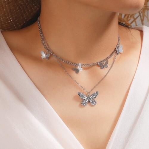 Tocona Pretty Butterfly Pendant Necklace for Women Vintage Silver Color Multi-layer Tassel Alloy Metal Adjustable Jewelry 15703
