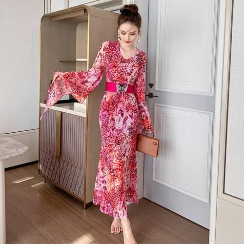 Fashion Summer Korean Vintage Flying Sleeve Chiffon Maxi Party Dress Ladies Coffee Break Elegant Robe Print Sashes Beach Dress