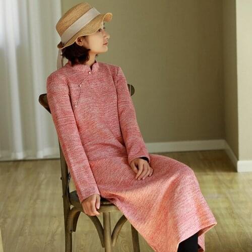 Women Loose Knitted Dress Ladies Qipao Dresses Ladies Solid Color Elegant Knit Dress 2020 Autumn Winter Cheongsam Dresses