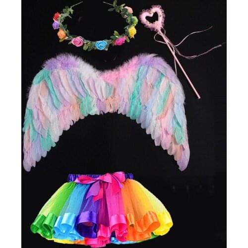 Angel Feather Wings Flower Wreath Magic Wand Tutu Skirt Fancy Dress Up Costume Birthday Hen Party for Adult Kids Women Girls