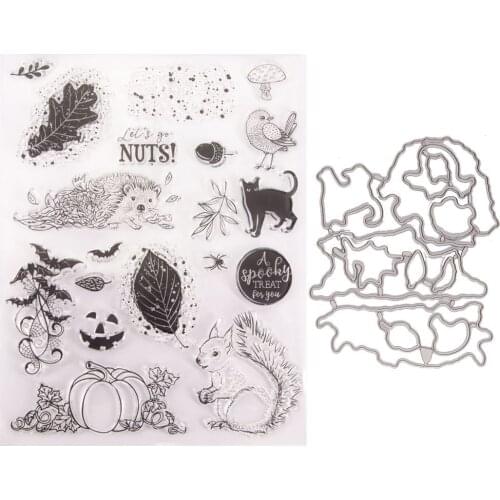 Squirrel Pumpkin Halloween Stamp and Dies Transparent Clear Silicone Stamp Cutting Die Set for DIY Scrapbooking Photo Decorative