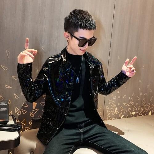 Glossy PU Leather Mens Short Jacket Lapel Collar Black Yellow Long Sleeve Casual Coat Motorcycle C2