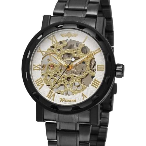 WINNER WATCH Gold and white Roman numerals dial, sleek minimalist luxury low-key mens steel belt mechanical watch