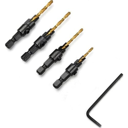 Citop 4Pcs/set 1/4 Inch Hex Shank Taper Hole Drill With Wrench Woodworking Head Drill Bit Wood Board Hole Opener Drills Bit