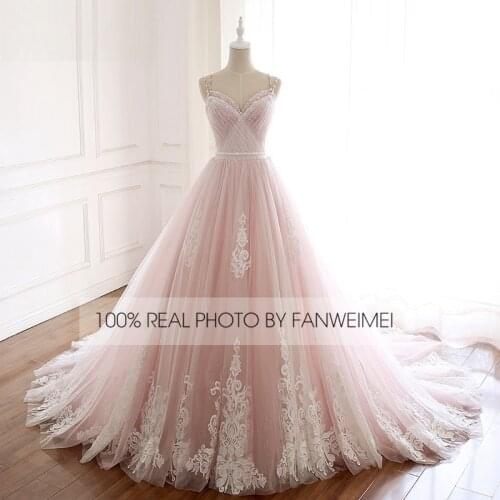 Islamic Robe De Mariage Spaghetti Strap V-Neck Lace Elegant Wedding Dress Pink