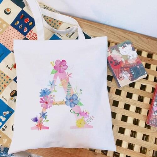 Flower Letter Print Canvas Shoulder Tote Bag for Women Handbags Eco Reusable Shopping Bag Vintage Fashion Ulzzang Bags