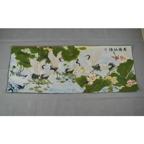 China hand embroidery golden silk embroidery White crane and lotus flower chart