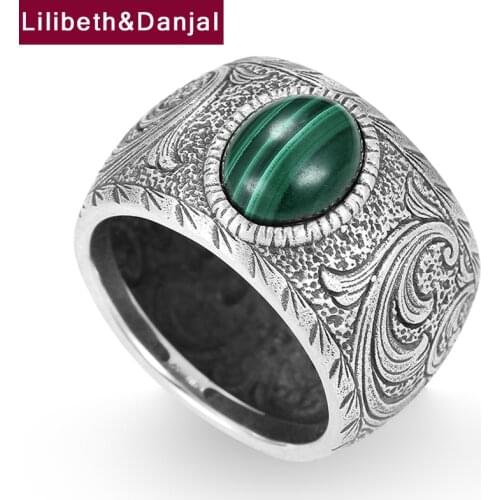 Creative Design Pattern Adjustable Ring Pure 925 Sterling Silver Inlaid Gems Malachite Jewelry Women Men Ring 2021 Designer R57