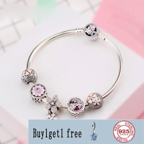 100% 925 Sterling Silver fashion Bracelet Set For Europe Women Spring Flowers birthday Gift DIY Original Charm Jewelry