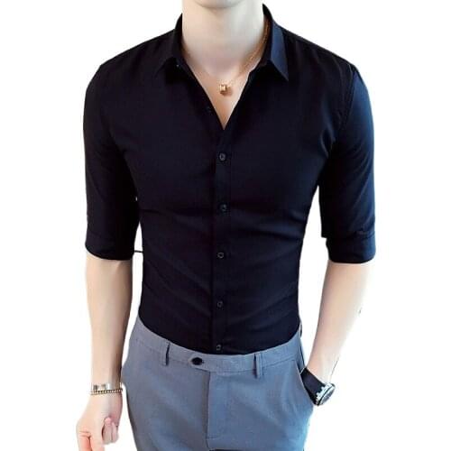 Summer Mens Clothing Short-sleeved Shirt 2021 New Solid Color High-quality Fashion Mens Slim Three-quarter Sleeve White Shirt