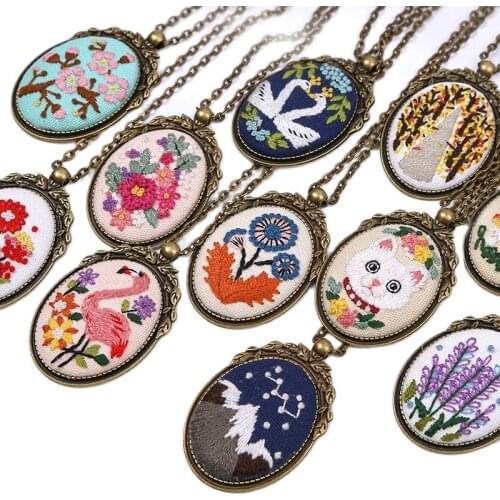 DIY Flower Embroidery Necklace Pendant Kit with Hoop Needlework Handmade Cross Stitch Handwork Sewing Art Craft Material Package