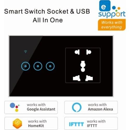New 2 In 1 Wall Smart Switch Socket Tempered Glass Touching Button Wall Smart Light Controlling Panel Ewelink APP Controlling