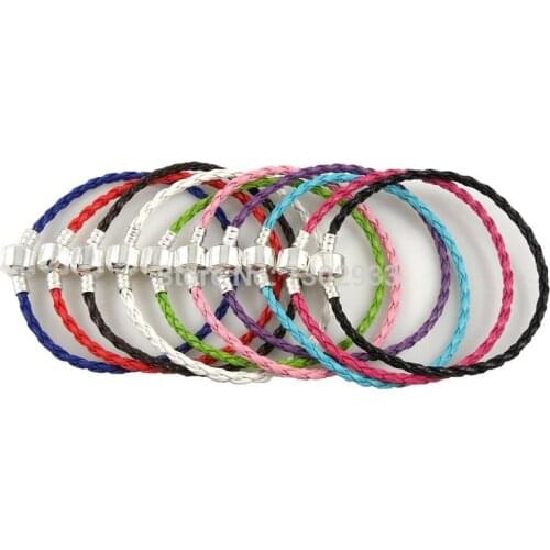 Wholesale 10pcs /Lot Silver Color Clasp Braid Leather Charm Bracelets Fit European Beads Choose Sizes #PP11