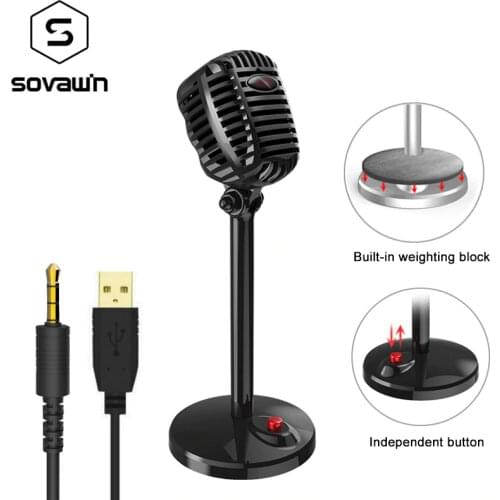 Karaoke Microphone Wired Studio HD Noise Cancelling Condenser Tabletop USB 3.5mm Mircophone for Computer Professional Retro Mic