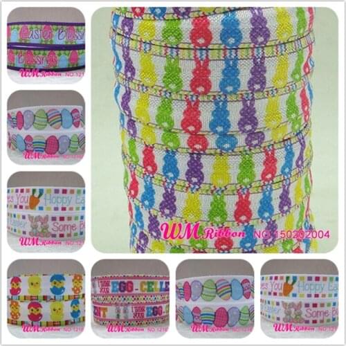 Q&N ribbon wholesale/OEM 5/8inch Easter Days Rabbit egg printed folded over elastic FOE 50yds/roll free shipping for hair tie