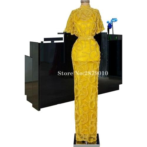 2020 Luxury Bright Yellow Mermaid Evening Dress Floor-Length High Neck Prom Dress Beaded Robe De Soiree Aibye Middle East Dubai