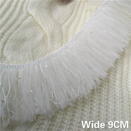 9CM Wide White Mesh Guipure 3d Lace Fabric Sequins Fringe Ribbon Tassel Trim Wedding Dress Collar Curtains DIY Sewing Supplies