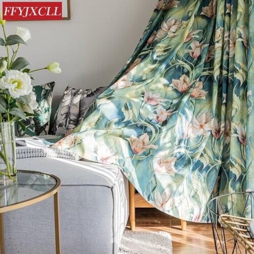 Pastoral Orchid Printed Curtains Polyester Cotton Curtains for Living Dining Room Bedroom Door Curtains Gray Green custom Made