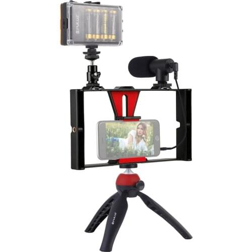 Smartphone 4 in 1 Vlogging Live Broadcast LED Selfie Light Video Rig Kits with Microphone Tripod Mount Cold Shoe Tripod Head Kit