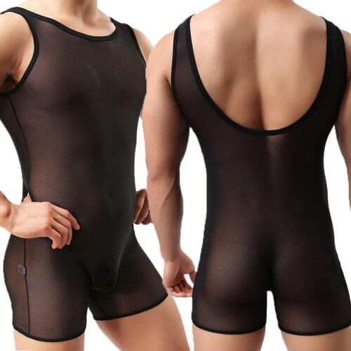 Sexy Men Bodysuits Leotard Mesh Transparent Undershirts Wrestling Tights Singlet Jumpsuits Ropa Sexi Hombre Porno Gay Underwear