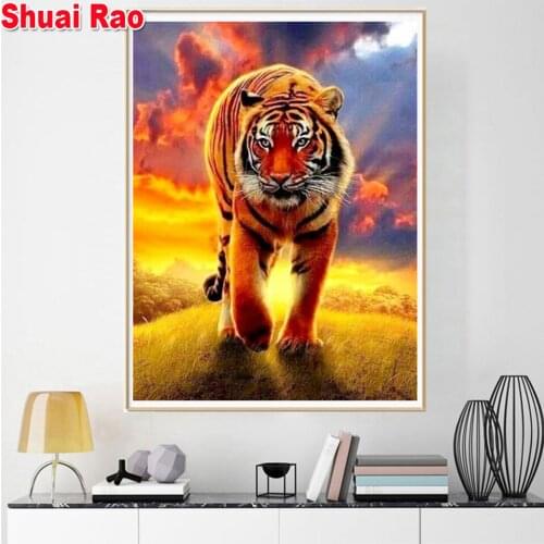 Nightfall tiger Handmade diamond painting animal painting full square round drill 5d diamond embroidery sale home Decor gift