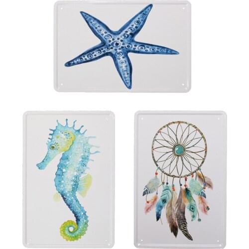 Marine Life Seahorse Starfish Feathers Vintage Metal Tin Sign Shabby Chic Vintage Style Bar Decoration Kids Gift