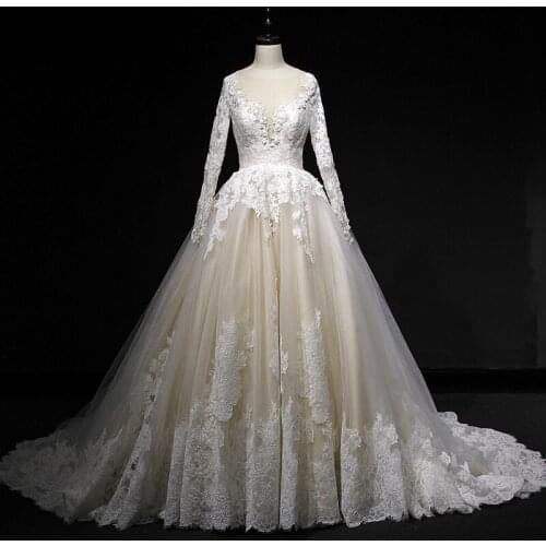 High-End Chapel Train Full Sleeve Backless Bridal Ball Gown Custom Made Embroidery Appliques Tulle Illusion O-Neck Wedding Dress