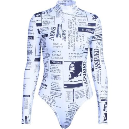 Women Long Sleeves Pullover Top Sexy Skinny Bodysuit Vintage Newspaper Graphic Letters Printed Turtleneck Leotard Party Clubwear