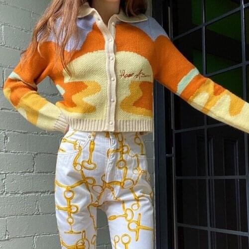 Women Vintage Cardigans Knitted Sweater Autumn Spring French Style Sunshine Print Short Chic Lady Ins Fashion Coat Loose Femme