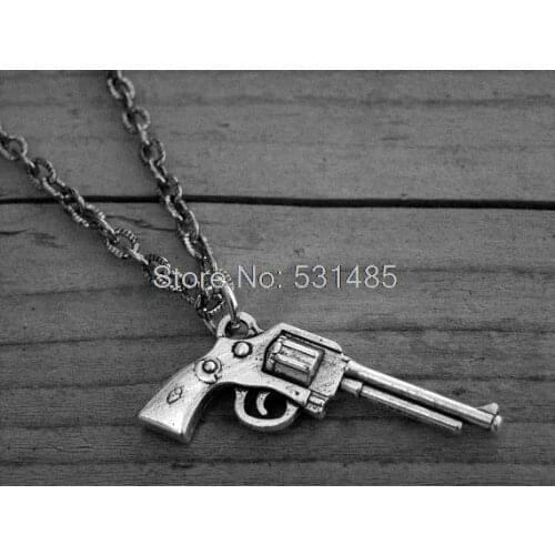 12pcs/lot Silver Gun Necklace Western Pistol Shotgun Revolver Handgun Punk Rock Roll Rocker Heavy Metal Cowgirl