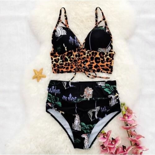 2021 Summer Women Swimsuit Sexy Leopard Bandage Bikini Bra Tops Panties Swimwear Two Piece Ins Fashion Ladies Swim Bathing Suit
