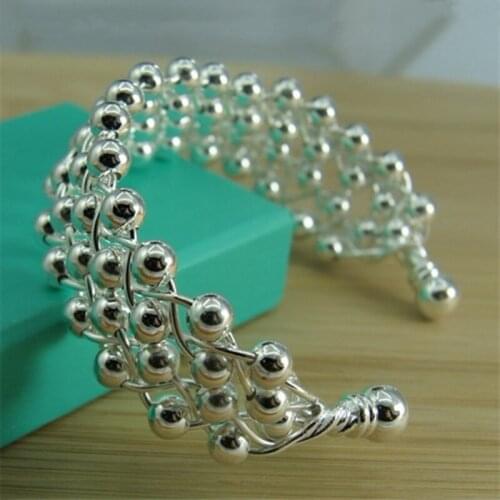 925 Sterling Silver Full Smooth Beads Bangle Bracelet For Woman Wedding Engagement Fashion Charm Party Jewelry Birthday Present