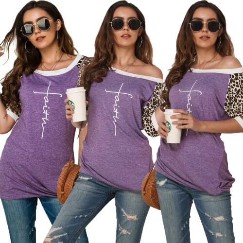 AR5409 European and American 2021 sexy womens round neck leopard print stitching short-sleeved T-shirt