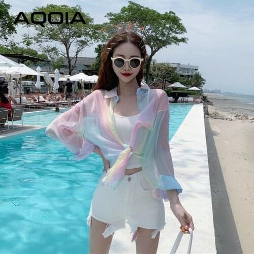 Beach Rainbow women blouses shirts Transparent Loose Chiffon Ladies Shirt 2021 Summer Long Sleeve Turn-Down Collar Female Tops