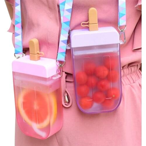 300ML Water Bottle, Translucent Water Cup with Straw and Shoulder Strap for Women Men, Blue/Pink/Purple/Yellow