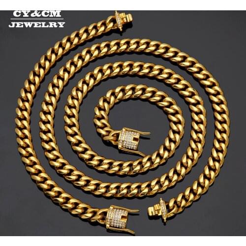 CY&CM 10mm14mm Men Miami Cuban Chain Link Bracelet Iced Out Rhinestone Clasp Necklace Stainless Steel Heavy Hiphop Jewelry Set