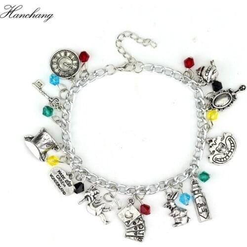 Enamel Pendant Women Charm Bracelets Red Crystal Beads Bangles Fairy Tale Story Rabbit Hat Key Clock Jewelry Gift