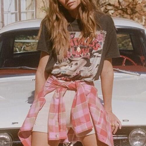 Vintage Classic Black Graphic T Shirt Women Summer Round Neck Loose Short Sleeve Cotton T-shirts Femme Beach Casual Boho Tops