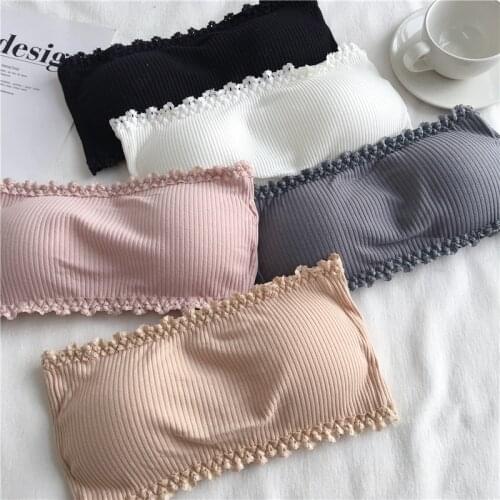 Girls Patchwork Lace Strapless Bra Womens Padded Solid Wrap Tube Top Bandeau Short Tanks Tops With Pads For Female