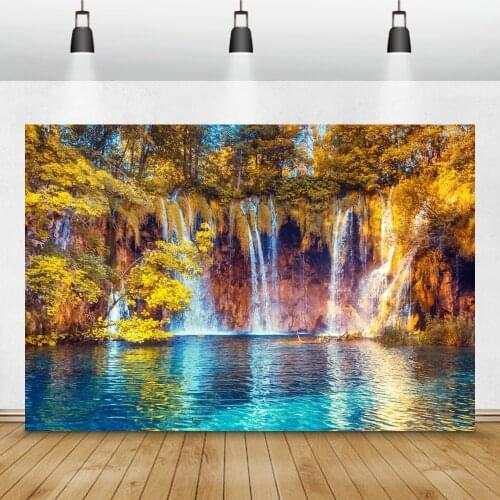 Laeacco Green Natural Mountain Waterfall Grass Tree Wallpaper Scene Photography Background Photo Backdrop Photocall Photo Studio