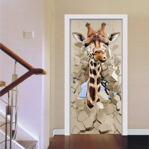 New Cartoon Giraffe Door Sticker For Home Door Decoration Renovation Animal Vivd 3D Self Adhesive Wall Decal On Door Wallpaper
