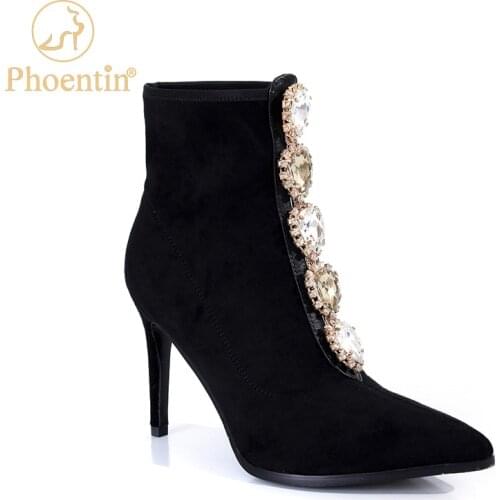 Phoentin Designer Luxury Black Shoes With Heels heart shape crystal Stretchable Short Boots suede Autumn Womens Footwear FT1243