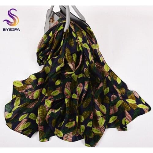 BYSIFA| Green Leaves 100% Silk Scarf Shawl Ladies Autumn Winter Long Scarves Wraps Summer Beach Shawls Headscarves 180*110cm