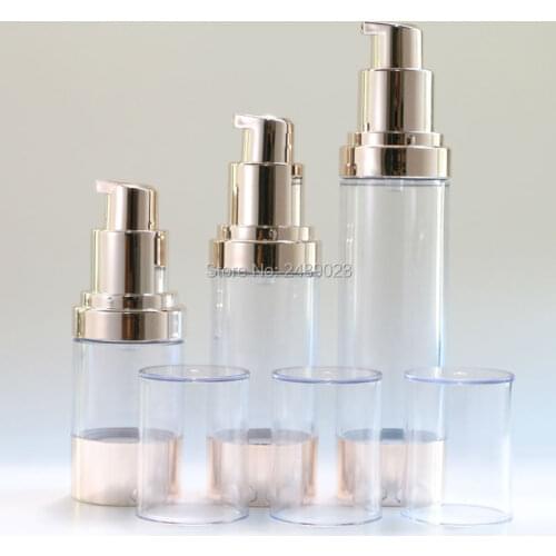 Transparent Cap Pale Gold Airless Bottle Vacuum Pump Lotion Refillable Bottles Cosmetic Container 10pcs/lot 15ml 30ml 50ml