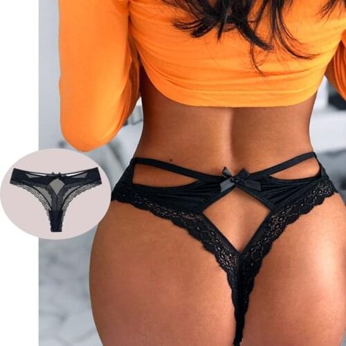 Ice Silk Mesh Lace Sexy Womens Underwear Low waist thong panties Bow Hollow Out String Sex Panties Crotch Cotton Seamless Brief