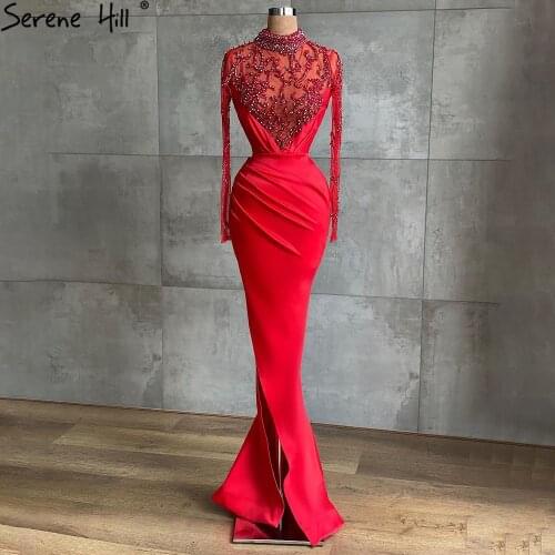 Serene Hill Muslim Red Mermaid Split Evening Dresses Gowns 2021 Elegant Satin Beading For Women Party LA71091