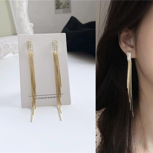 Korean Elegant Rhinestone Metal Chain Tassel Pendant Drop Earrings for Women Girls Teens Jewelry Earrings 2021 Trend New Arrival