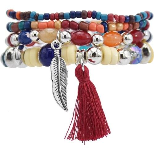 Vintage 5Pcs/Lot Women Bracelets Set Bohemia Charm Hand Summer beach Beaded leaves Tassel Pendents Bracelets Pour Les Femmes